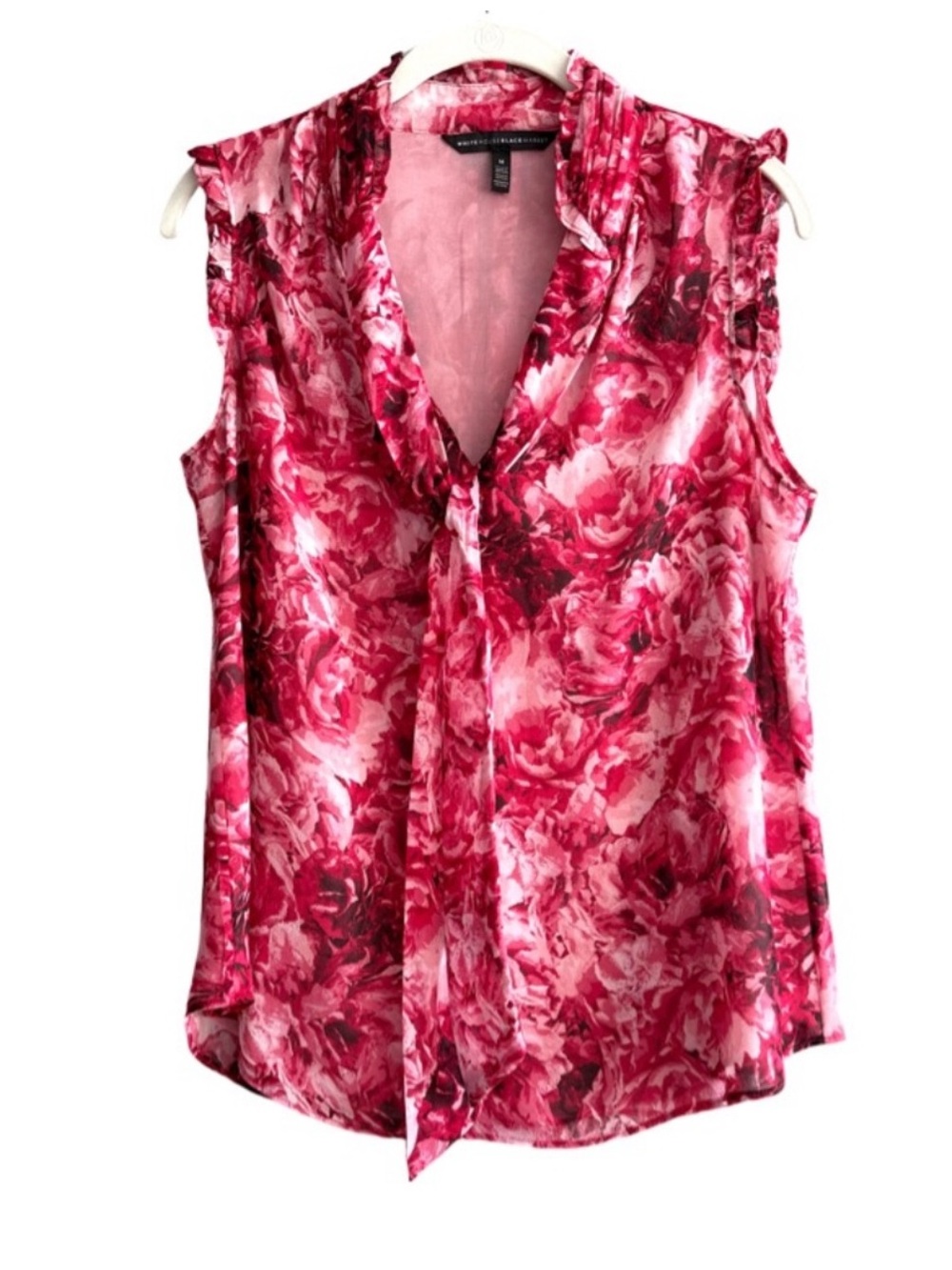 WHBM SleevelessTie Neck Blouse Floral Suiting Pink Size M
